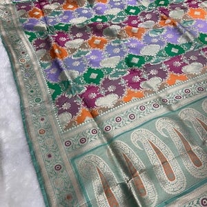 Handloom Rangkat Banarasi Silk Saree, Multi-Color Handwoven Indian Wedding Bridal Sari