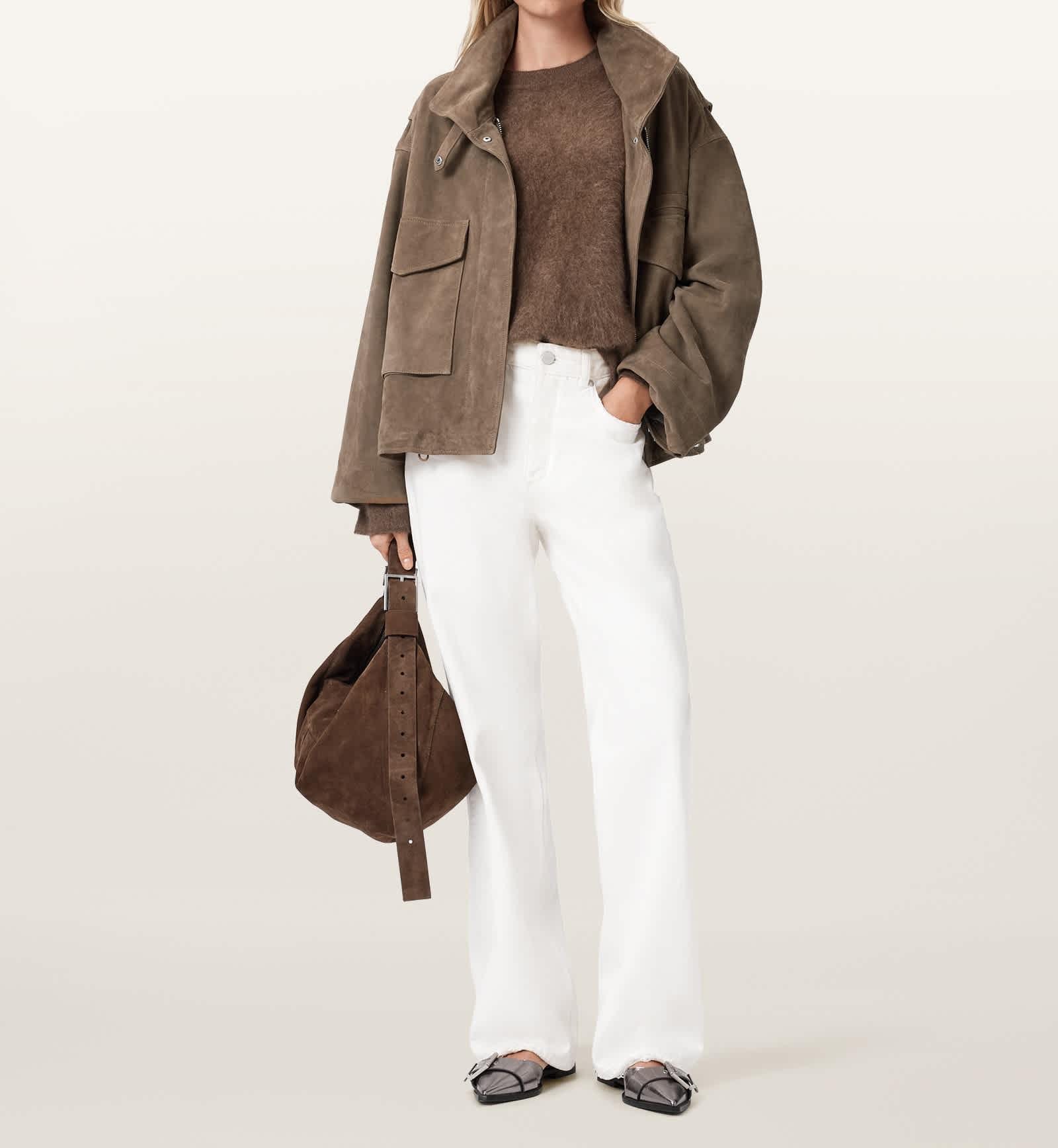 Clay Funnel Neck Suede Cropped Jacket Walnut Brown