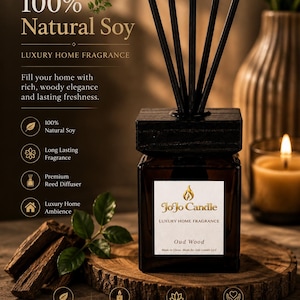 JoJo Candle Oud Wood Reed Diffuser | Luxury Home Fragrance | Long Lasting Natural Soy Scent | Gift for Home Decor