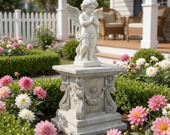 Vintage Roman Pedestal Plant Stand, Ornate Scroll Floral Garden Pillar Statue Base, Stone Look Outdoor Planter Riser, European Lawn Decor