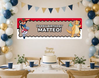 Pokemon Ash Duo Ball Wavy Border Banner 24x72 | DIGITAL | Editable Canva Template | Birthday Banner |