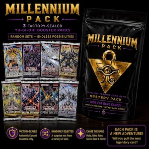 Könnte beinhalten: Eine Millennium Pack Überraschungstüte mit drei werkseitig versiegelten Yu-Gi-Oh! Sammelkarten-Boosterpacks. Die schwarze Tüte zeigt ein goldenes Millennium-Puzzle-Symbol und Text. Acht verschiedene Boosterpacks sind abgebildet, darunter Legend of Blue Eyes White Dragon, Dark Crisis, Battles of Legend, Phantom Rage, Age of Overlord, Amazing Defenders, Supreme Darkness und Tactical Masters.