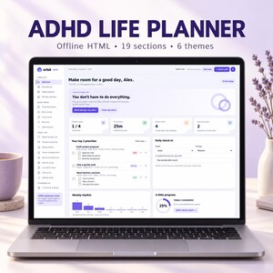 ADHS-Lebensplaner Offline-HTML-App mit Gewohnheiten, Budget, Fokus-Timer und 6 Designs