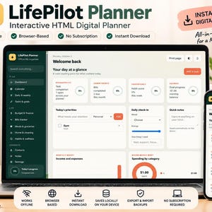 Agenda digitale interattiva HTML offline per la gestione del budget, delle abitudini alimentari, delle attività e del calendario.