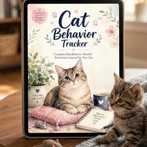 Può includere: Un tablet che mostra la copertina di un diario Cat Behavior Tracker con un'illustrazione ad acquerello di un gatto tigrato su un cuscino rosa, una pianta in vaso, una tazza e un piccolo topo giocattolo. Il testo recita Cat Behavior Tracker, Complete Daily Behavior, Mood & Enrichment Journal for Your Cat, Understand Your Cat, Strengthen Your Bond, Every day tells a story e Observe, Understand, Enrich, Love.
