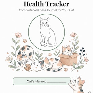 Può includere: Una copertina per diario di benessere Cat Care & Health Tracker con un disegno al tratto di un gatto in un cerchio, circondato da illustrazioni ad acquerello di gatti che giocano, dormono e sono in una scatola, con fiori e un campo Cat's Name.