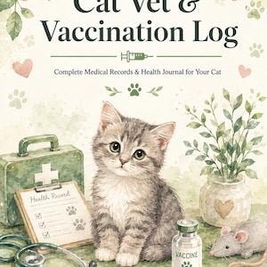 Può includere: Una copertina di diario Cat Vet & Vaccination Log con un gattino tigrato grigio, un kit medico verde, uno stetoscopio, un registro sanitario, un flacone di vaccino e un'illustrazione di topo su uno sfondo acquerello verde tenue.