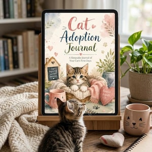 May include: A tablet on a wooden stand displays a Cat Adoption Journal with watercolour illustrations of a kitten in a basket, a pink mug, and a heart. A small tabby kitten sits in front of the tablet, looking up at the screen. The journal cover features the text Cat Adoption Journal, A Keepsake Journal of Your Cat's First Days, and small heart accents.