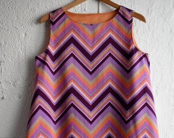 Handmade OOAK Vintage Style Purple & Orange Zigzag Sleeveless Trapeze Mini Dress Top - UK 12