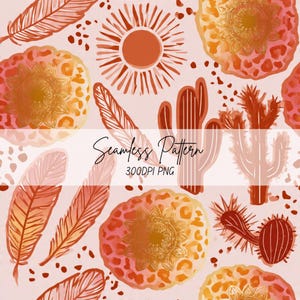 Boho Desert Seamless Pattern | Terracotta Cactus, Feathers, Leopard Mandala (300 DPI PNG)