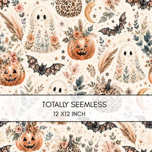 May include: A seamless digital pattern featuring watercolor illustrations of ghosts, jack-o'-lanterns, bats, crescent moons, and floral elements on a cream background. The image includes the text TOTALLY SEEMLESS 12 X12 INCH.