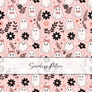 May include: A seamless pattern featuring white ghosts with black eyes and mouths on a light pink background. Some ghosts wear pink bows. The design includes black and pink flowers, brown leafy branches, and small stars. The text Seamless Pattern is visible.