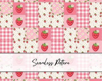 Strawberry Patchwork Seamless Pattern | Kawaii Strawberry Gingham Pattern | Pink Strawberry Quilt Digital Paper | Cute Berry Fabric