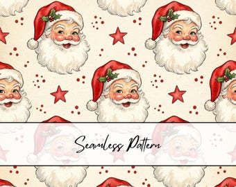 Vintage Santa Seamless Pattern | Retro Santa Claus Face Pattern | Classic Christmas Santa Digital Paper | Holiday Santa Star Fabric