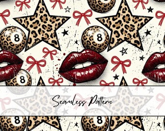 Leopard Star Lips Seamless Pattern | Retro 8 Ball Digital Paper | Edgy Y2K Leopard Fabric Pattern | Glam Bow Star Background