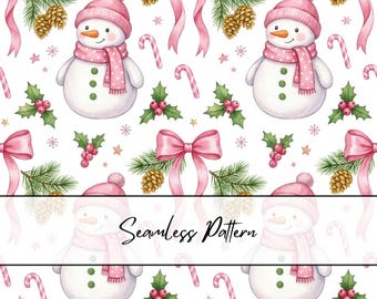 Snowman Christmas Seamless Pattern | Pink Coquette Winter Pattern | Cute Snowman Candy Cane Bow Digital Paper | Pinkmas Seamless Pattern