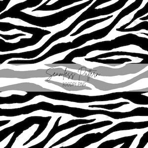 May include: A black and white zebra stripe pattern featuring irregular, flowing lines across the entire surface. A horizontal gray banner across the center displays the black text Seamless Pattern and 300DPI PNG in a script and sans-serif font.