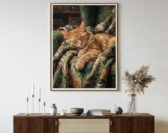 Sleeping Orange Cat Wall Art | Cozy Cat On Couch Poster | Vintage Oil Painting Cat Print | Ginger Cat Nap Art | Cottagecore Cat Lover Decor
