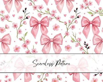 Cherry Blossom Bow Seamless Pattern | Pink Sakura Bow Digital Paper | Coquette Spring Floral Fabric Pattern | Girly Bow Background