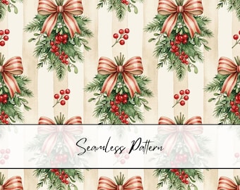 Christmas Swag Seamless Pattern | Holiday Holly Berry Bow Pattern | Christmas Mistletoe Seamless | Vintage Stripe Christmas Fabric