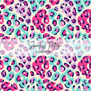 May include: A seamless pattern featuring a repeating leopard print design in vibrant shades of hot pink, turquoise, and light purple on a cream background. The print includes small white star shapes within the spots and the text Seamless Pattern 300DPI PNG.