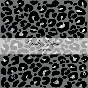 May include: A seamless pattern featuring a grey background with black leopard spots and silver glitter accents. The image includes the text Seamless Pattern 300DPI PNG centred horizontally across the middle of the design.