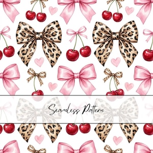 May include: A seamless pattern featuring repeating illustrations of bright red cherries, soft pink bows, and leopard print bows on a white background. Small light pink hearts are scattered throughout. The text Seamless Pattern is centered.