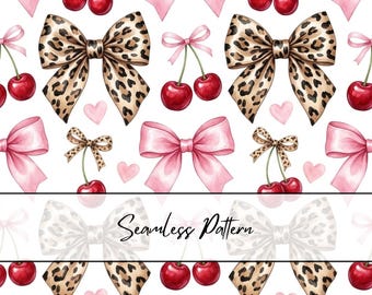 Cherry Bow Seamless Pattern | Coquette Leopard Bow Digital Paper | Pink Cherry Leopard Fabric Pattern | Girly Bow Background