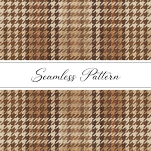 May include: A seamless pattern featuring a brown and tan houndstooth design with vertical stripes in shades of orange and dark brown. A white horizontal band across the center contains the black text Seamless Pattern.