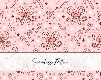 Pink Candy Cane Seamless Pattern | Christmas Bow Candy Cane Digital Paper | Cute Christmas Candy Fabric Pattern | Girly Christmas Background