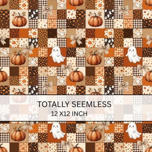 Patrón sin costuras de patchwork otoñal / Papel digital para edredón de Halloween con fantasmas de calabaza / Patrón de tela de cuadros vichy con lazo coqueto / Fondo otoñal de leopardo imagen 2