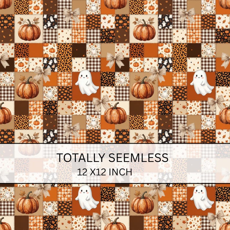 Patrón sin costuras de patchwork otoñal / Papel digital para edredón de Halloween con fantasmas de calabaza / Patrón de tela de cuadros vichy con lazo coqueto / Fondo otoñal de leopardo imagen 2