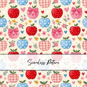 May include: A seamless pattern featuring red apples with white polka dots, light blue apples with white hearts, pink apples with bows, and pink gingham apples. The design includes small pink and yellow flowers, green leaves, and red hearts.