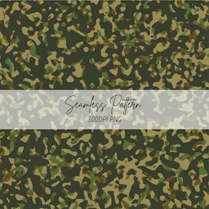May include: A seamless camouflage pattern featuring irregular organic shapes in shades of dark green, olive, tan, and brown. A horizontal light gray banner across the center displays the black text Seamless Pattern 300DPI PNG.
