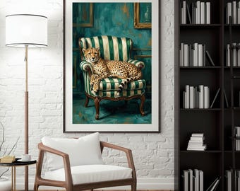 Cheetah On Armchair Wall Art | Maximalist Cheetah Poster | Vintage Cheetah In Chair Print | Eclectic Green Striped Chair Art