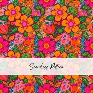 May include: A vibrant seamless pattern featuring stylized orange and hot pink flowers with green leaves on a multi-colored background. The design includes small orange berries and intricate floral motifs. The text Seamless Pattern is centered.