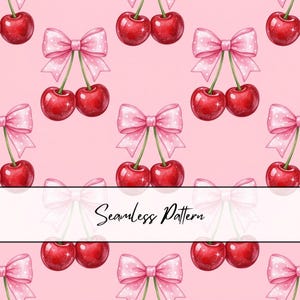 Puede incluir: Un patrón continuo que presenta pares de cerezas rojas brillantes atadas con lazos de color rosa claro con lunares sobre un fondo rosa sólido. El diseño repetitivo incluye el texto Seamless Pattern centrado horizontalmente.