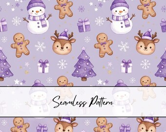 Patrón navideño morado sin costuras / Archivo navideño bonito sin costuras / Patrón de muñeco de nieve de jengibre / Papel digital de árbol de Navidad con renos