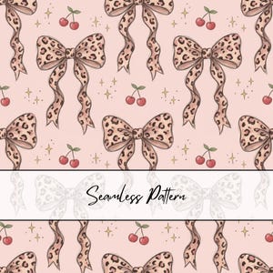 May include: A seamless pattern featuring a repeating design of leopard print bows and pairs of red cherries on a light pink background, accented with small gold stars. A white horizontal banner across the center displays the text Seamless Pattern.
