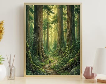 Forest Cabin Wall Art | Vintage Green Forest Illustration | Enchanted Redwood Poster | Cottagecore Forest Hike Print | Woodland Cabin Decor