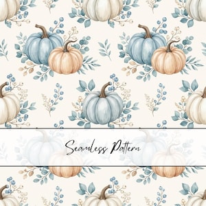 May include: A seamless pattern featuring watercolour illustrations of pumpkins in shades of cream, light blue, and tan, accented with blue-green leaves and small white berries on a cream background. The text Seamless Pattern is centred.