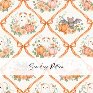 Könnte beinhalten: Ein nahtloses Muster mit einem sich wiederholenden Gitter aus orangefarbenen Bändern, die zu Schleifen gebunden sind. Das Design zeigt Illustrationen von weißen Geistern mit Schleifen, grauen Fledermäusen, orangefarbenen und rosa Kürbissen sowie pfirsichfarbenen Rosen mit grünen Blättern.