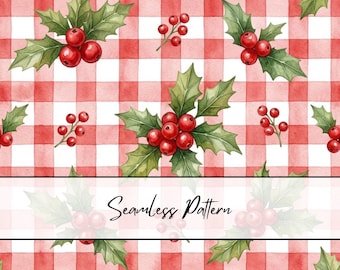 Christmas Holly Gingham Seamless Pattern | Red Gingham Holly Berry Pattern | Christmas Check Holly Digital Paper | Holiday Fabric