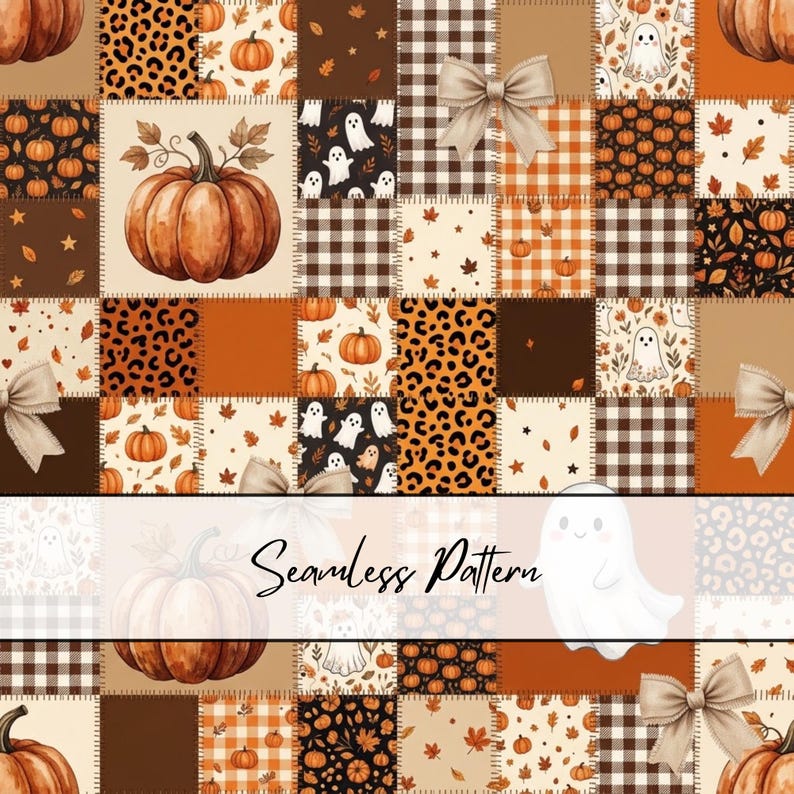 Patrón sin costuras de patchwork otoñal / Papel digital para edredón de Halloween con fantasmas de calabaza / Patrón de tela de cuadros vichy con lazo coqueto / Fondo otoñal de leopardo imagen 1