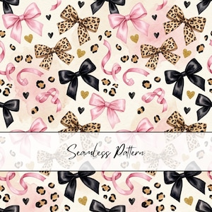 May include: A seamless pattern featuring a repeating design of pink bows, black bows, and leopard print bows on a cream background. The design includes small black hearts, gold glitter hearts, and leopard spots. The text Seamless Pattern is centered.