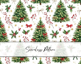 Christmas Tree Seamless Pattern | Christmas Tree Bow Holly Pattern | Vintage Christmas Tree Digital Paper | Holiday Tree Seamless File