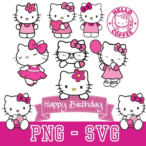 Op de afbeelding: Een verzameling digitale Hello Kitty-illustraties in diverse poses, waaronder met een hart, een bril en een ballon. Een rond logo bevat de tekst Hello Coffee en een banner toont de tekst Happy Birthday.