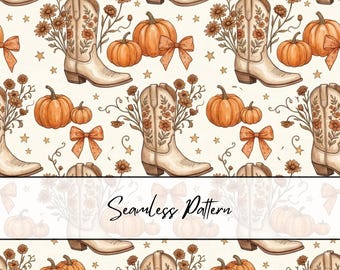 Cowboy Boot Pumpkin Seamless Pattern | Fall Western Seamless | Autumn Cowgirl Boot Pattern | Pumpkin Bow Seamless File
