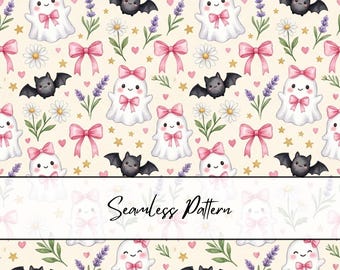 Coquette Ghost Seamless Pattern | Cute Pink Bow Ghost Digital Paper | Kawaii Bat Floral Halloween Fabric Pattern | Girly Spooky Background