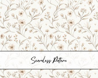 Patrón floral neutro beige sin costuras / Patrón botánico minimalista sin costuras / Papel digital de flores delicadas estilo boho / Patrón de tela floral beige neutro